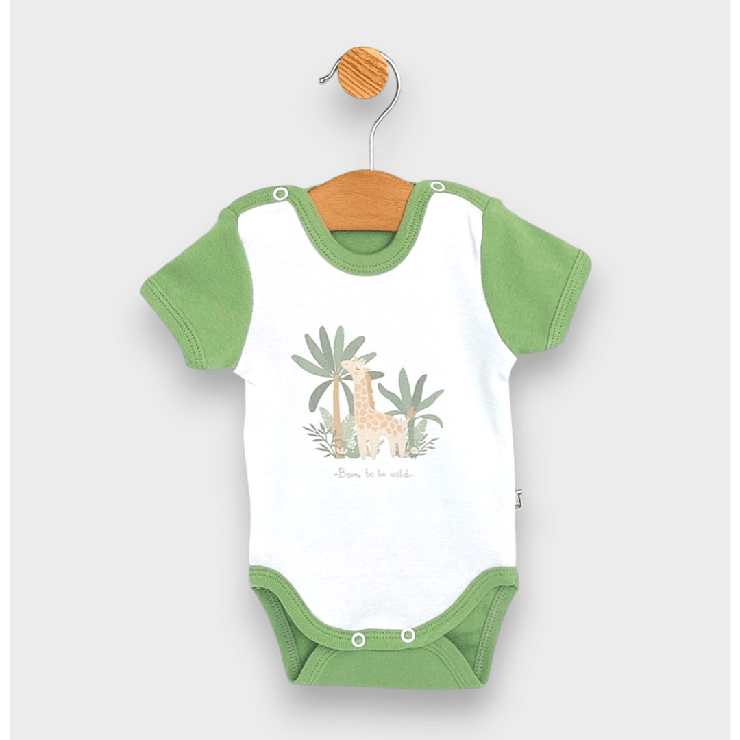 Body pentru bebeluși Rainy cu mâneci scurte „Flashy giraffe”, 56–80 cm, alb/moka