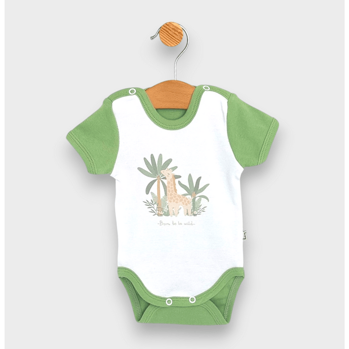 Body pentru bebeluși Rainy cu mâneci scurte „Flashy giraffe”, 56–80 cm, alb/moka