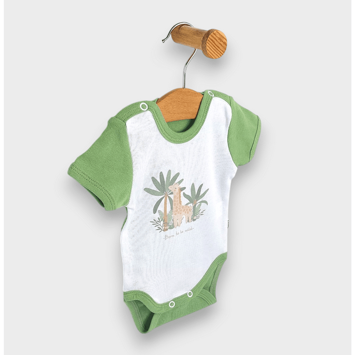 Body pentru bebeluși Rainy cu mâneci scurte „Flashy giraffe”, 56–80 cm, alb/moka