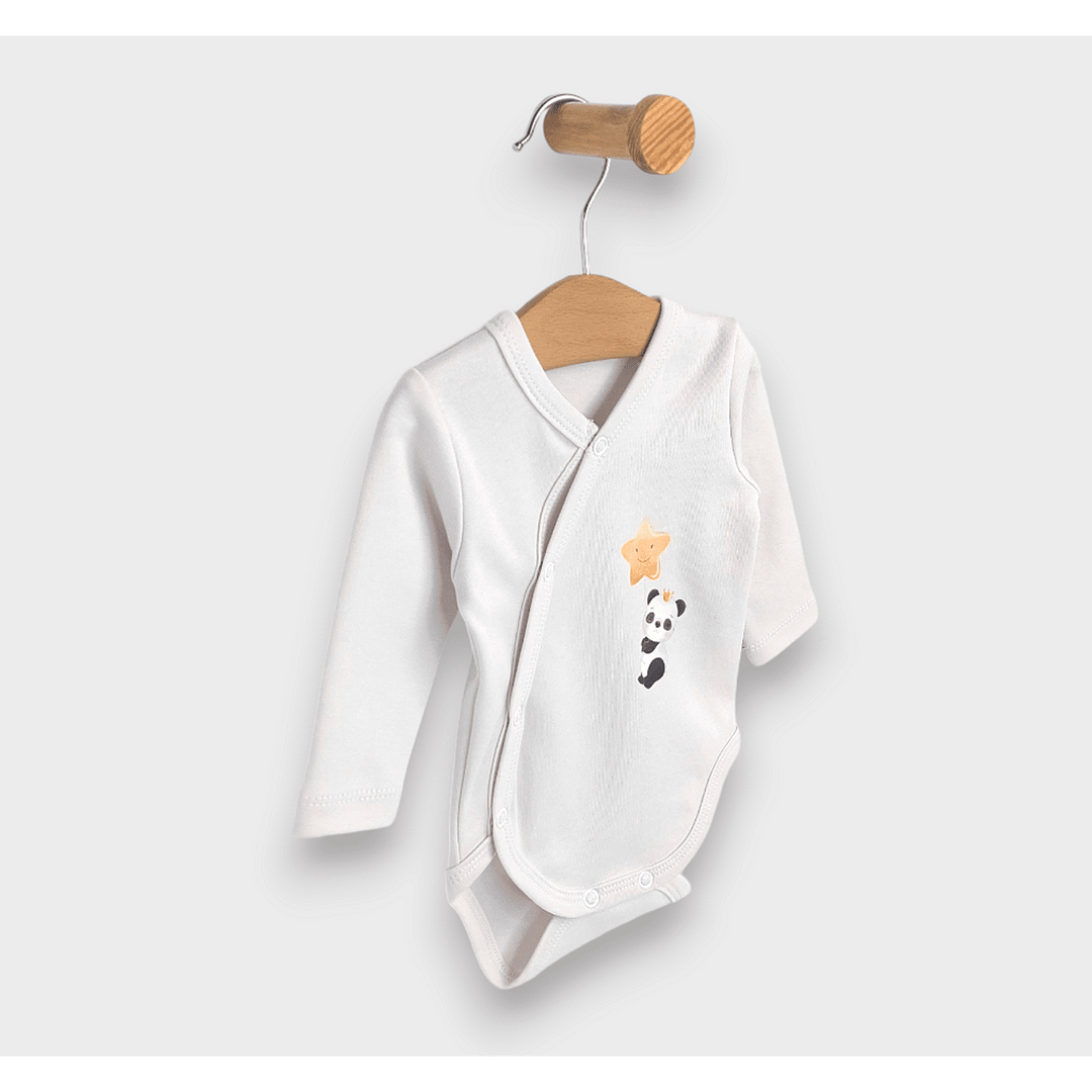 Rainy Body pentru bebeluși cu închidere laterală „Panda cu stea”, 48–74 cm, ecru delicat