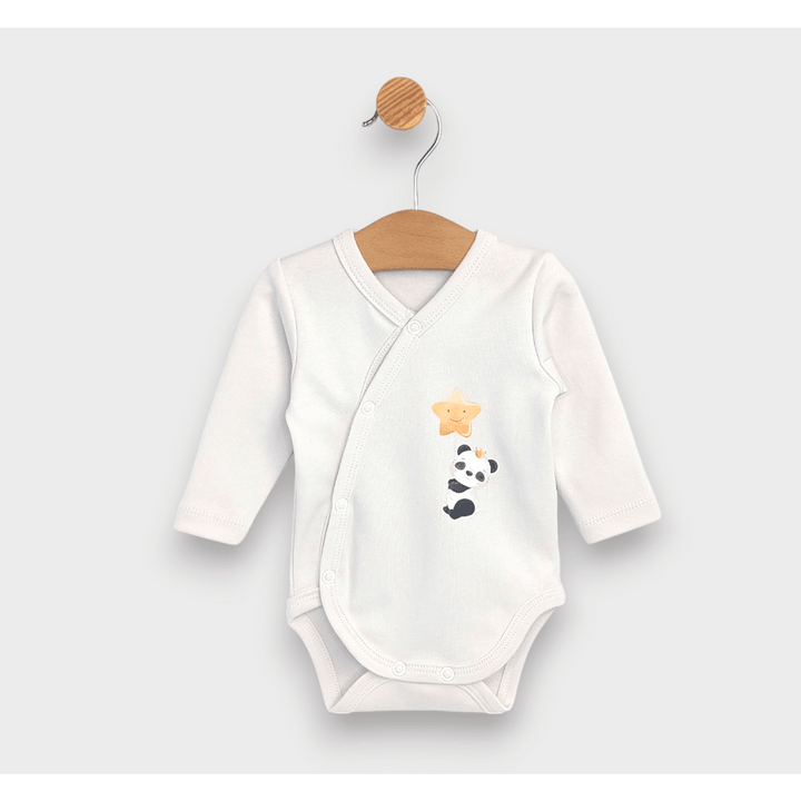 Rainy Body pentru bebeluși cu închidere laterală „Panda cu stea”, 48–74 cm, ecru delicat