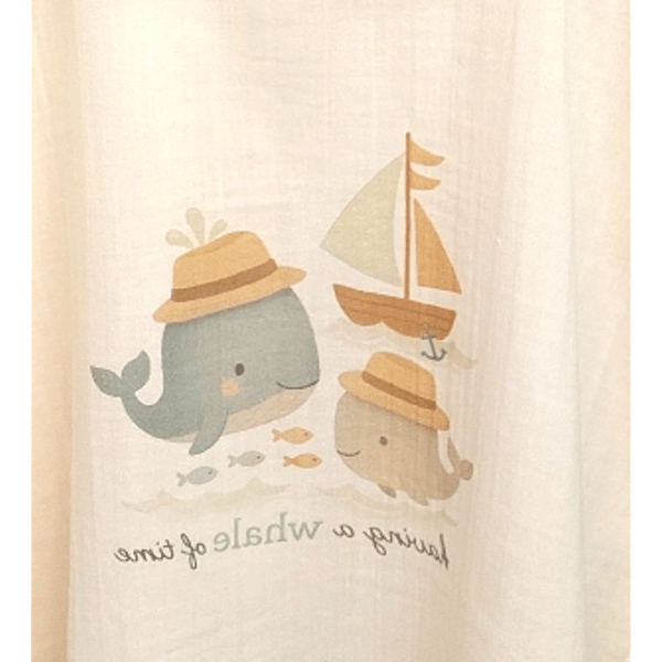 Rainy Poncho din muselină pentru bebeluși cu glugă Whales Beige