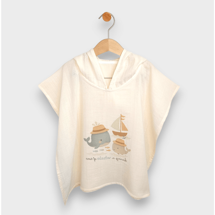 Rainy Poncho din muselină pentru bebeluși cu glugă Whales Beige