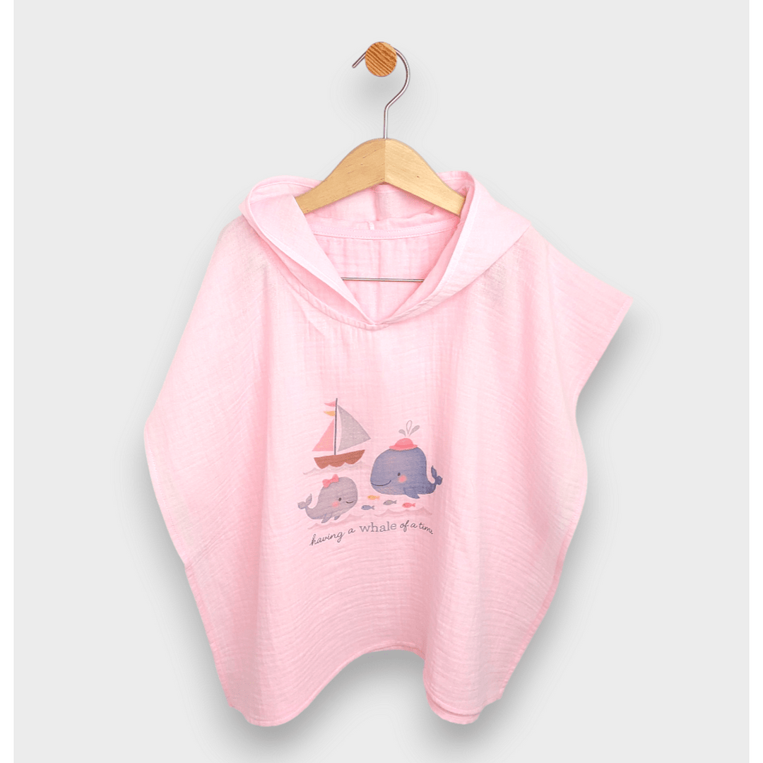 Rainy Poncho din muselină pentru bebeluși cu glugă Whales Pink