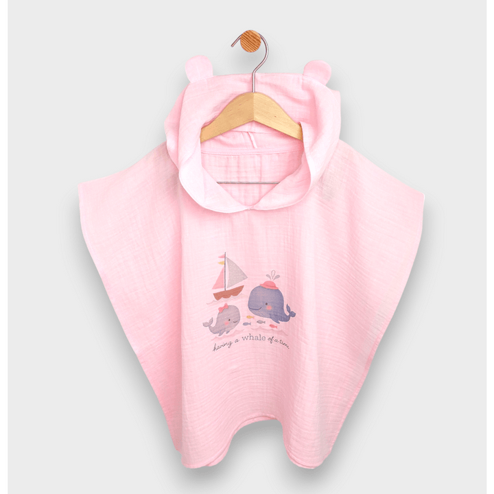 Rainy Poncho din muselină pentru bebeluși cu glugă Whales Pink