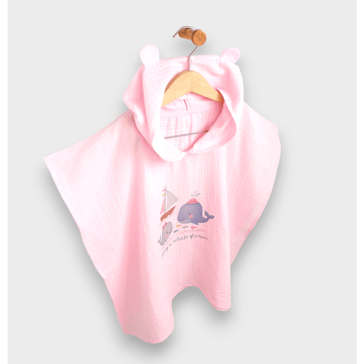 Rainy Poncho din muselină pentru bebeluși cu glugă Whales Pink