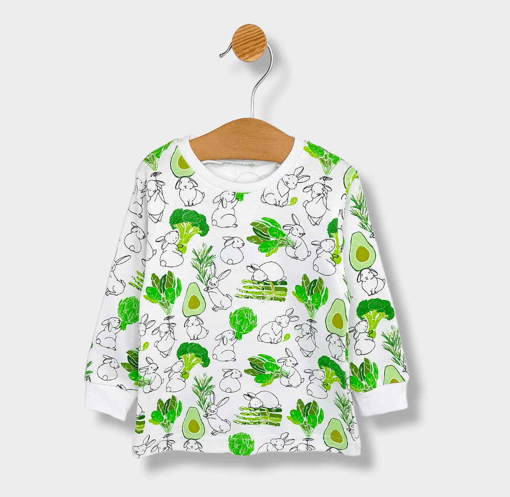 Pijamă pentru copii Rainy cu mâneci lungi, cu iepuraș și broccoli
