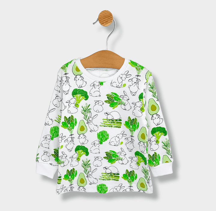 Pijamă pentru copii Rainy cu mâneci lungi, cu iepuraș și broccoli