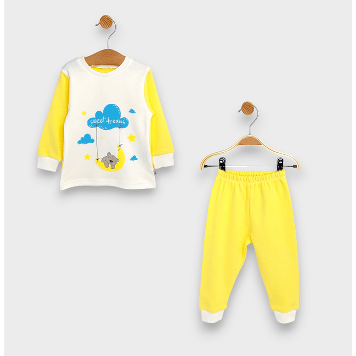 Pijamă pentru copii Rainy cu mâneci lungi „Sweet dreams”, 74–110 cm, ecru/galben