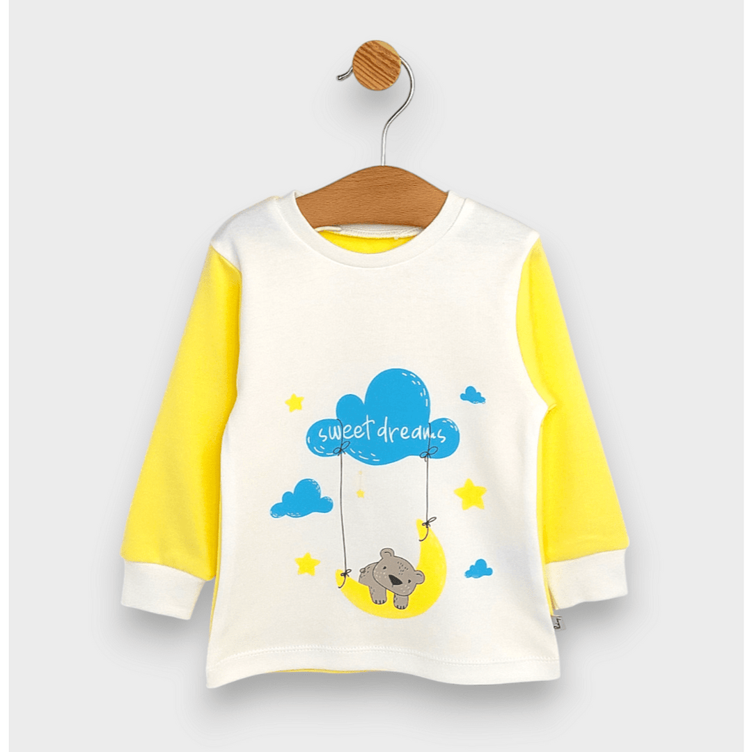 Pijamă pentru copii Rainy cu mâneci lungi „Sweet dreams”, 74–110 cm, ecru/galben