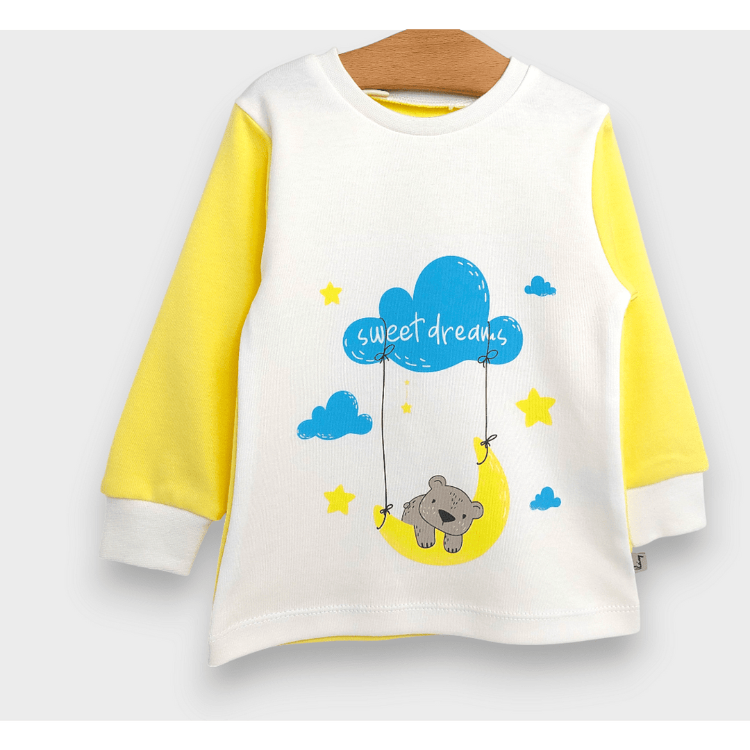 Pijamă pentru copii Rainy cu mâneci lungi „Sweet dreams”, 74–110 cm, ecru/galben