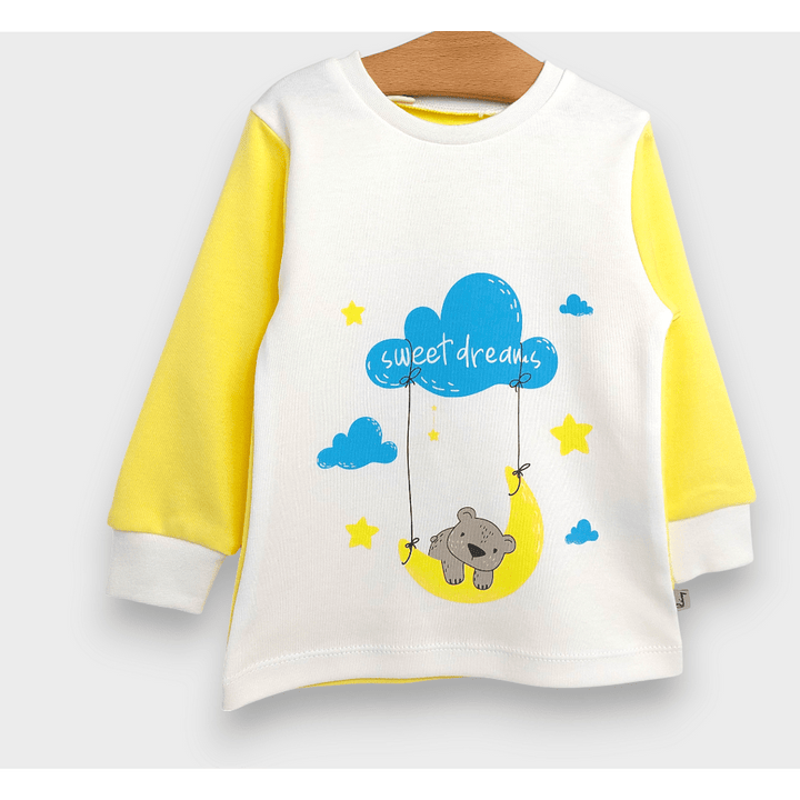 Pijamă pentru copii Rainy cu mâneci lungi „Sweet dreams”, 74–110 cm, ecru/galben