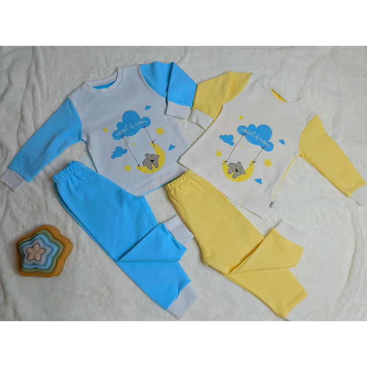 Pijamă pentru copii Rainy cu mâneci lungi „Sweet dreams”, 74–110 cm, ecru/galben