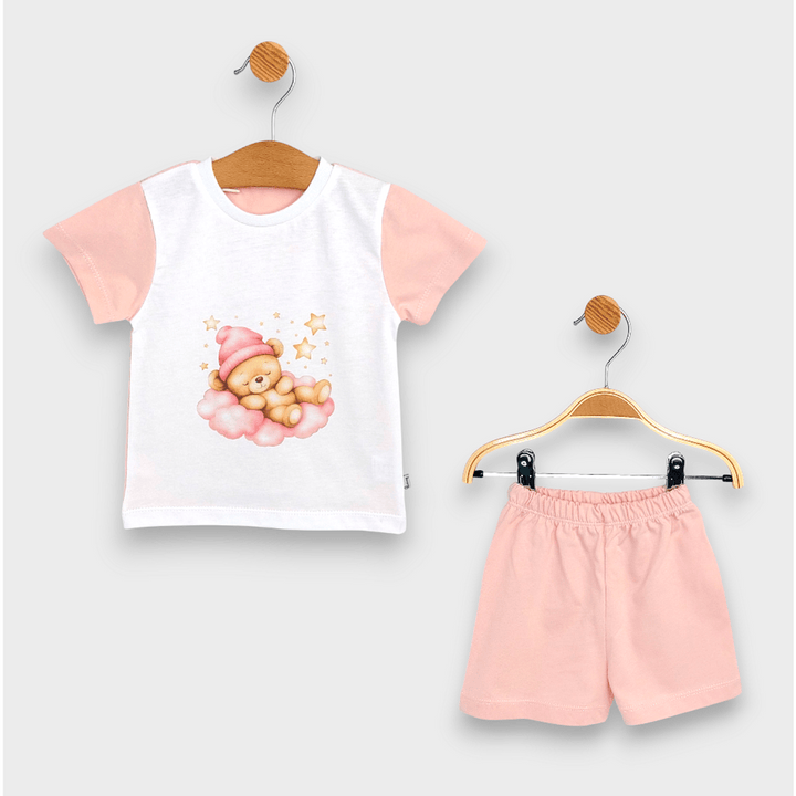 Rainy Pijama copii cu mânecă scurtă Ursuleț stelar roz 74 - 110 cm. alb/bonbon