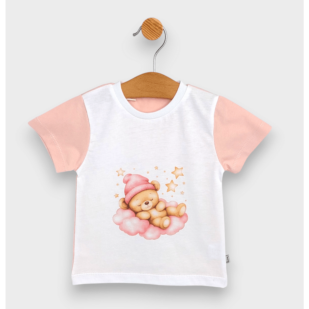 Rainy Pijama copii cu mânecă scurtă Ursuleț stelar roz 74 - 110 cm. alb/bonbon