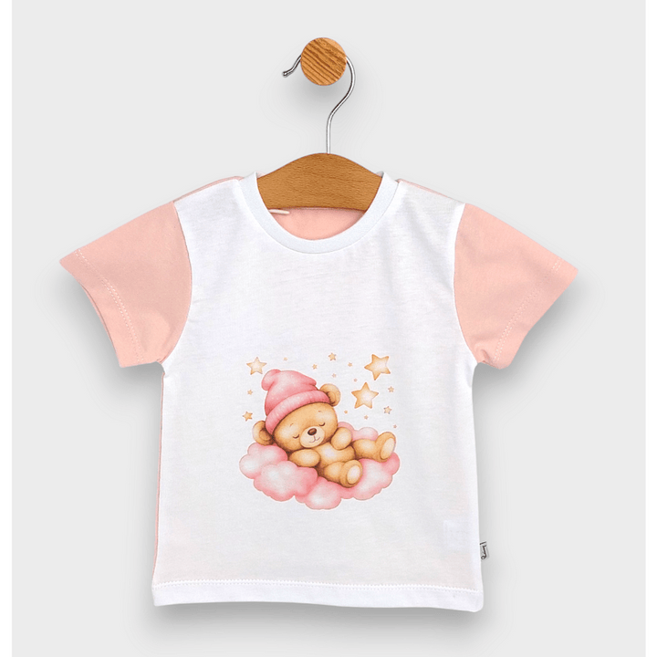 Rainy Pijama copii cu mânecă scurtă Ursuleț stelar roz 74 - 110 cm. alb/bonbon
