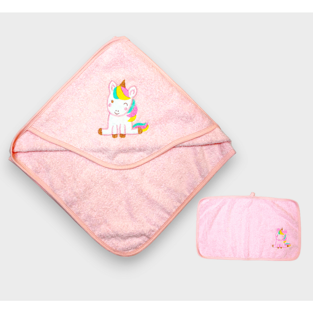 Rainy Set prosop de baie pentru bebeluși cu glugă Unicorn 90x90 cm. + prosop 40x60 cm.