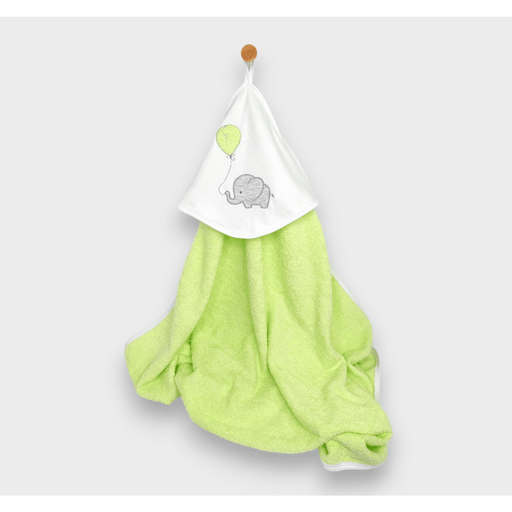 Rainy Set prosop de baie pentru bebeluși cu glugă Elefănțel cu balon 90x90 cm + prosop 40x60 cm kiwi