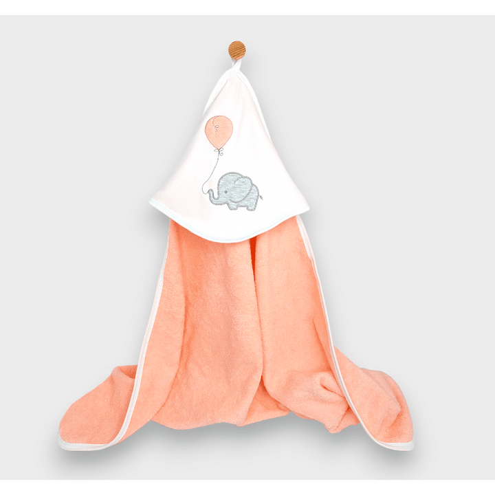 Setul Rainy de prosop pentru bebeluși cu glugă „Elefant cu balon” 90x90 cm + prosop 40x60 cm, culoare piersică