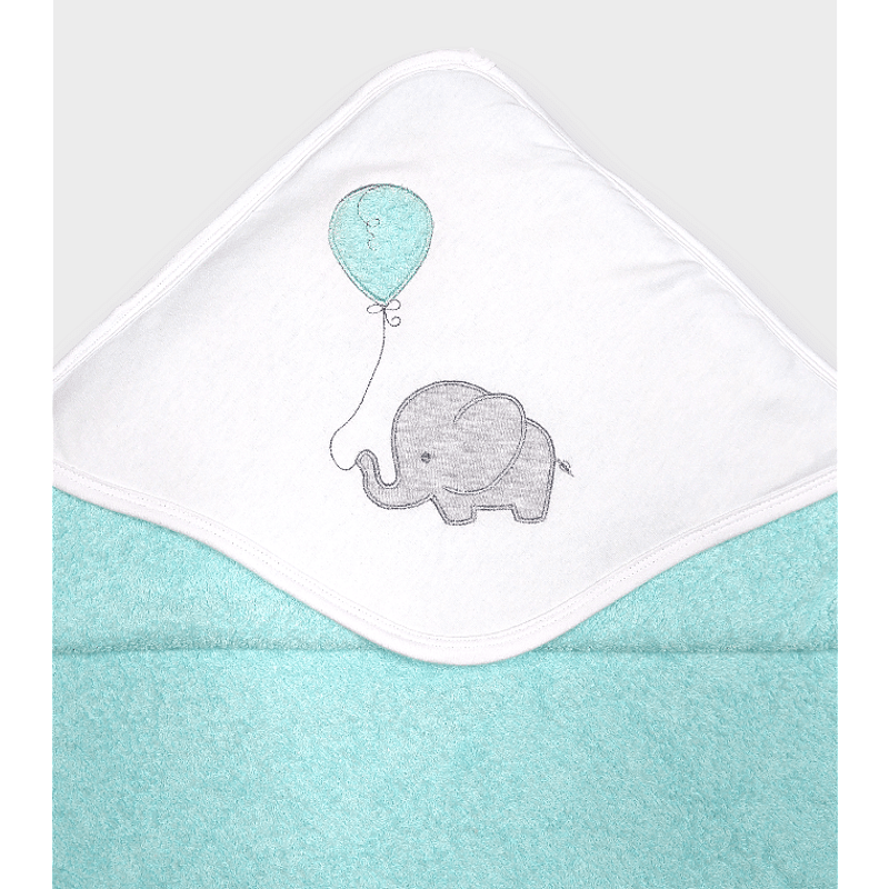 Rainy Set prosop pentru bebeluși cu glugă „Elefant cu balon” 90x90 cm + prosop 40x60 cm turcoaz