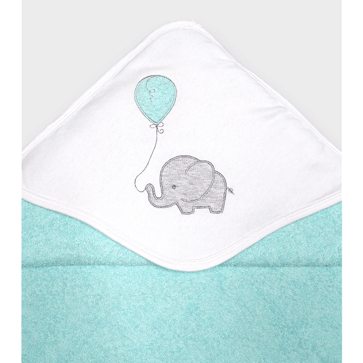 Rainy Set prosop pentru bebeluși cu glugă „Elefant cu balon” 90x90 cm + prosop 40x60 cm turcoaz