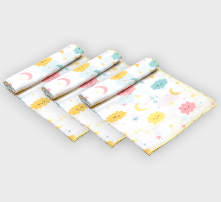 Set Rainy de 3 prosoape din muselină pentru bebeluși, 30 x 30 cm, cu norișori și steluțe roz