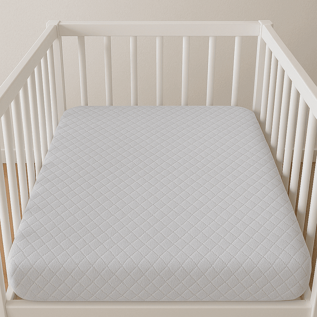 Rainy Set cearșaf de pat tricotat pentru bebeluși cu elastic și protecție matlasată Lux 70x140 cm. alb