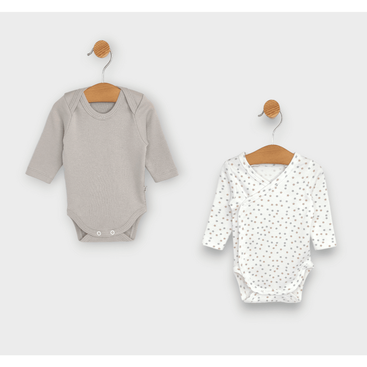 Rainy Set de 2 body-uri 48 - 62 cm. Stele gri și bej / cacao caldă
