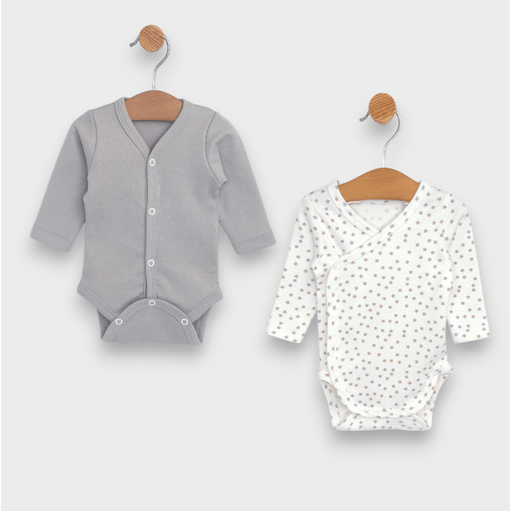 Rainy Set body-uri 2 piese 56 - 68cm. Steluțe gri și bej / cacao cald