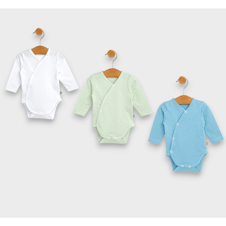 Set de 3 body-uri Rainy cu mânecă lungă, 48 - 80 cm, alb/măr/cer