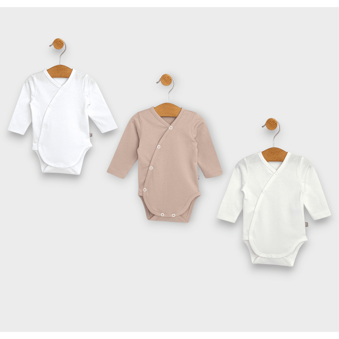 Rainy Set de 3 body-uri cu mânecă lungă 48 - 80 cm. alb/latte/ecru
