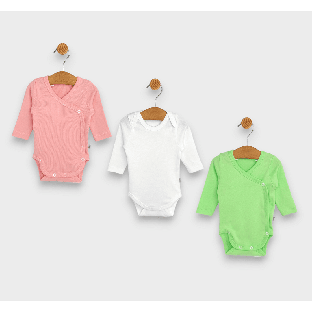 Rainy Set de 3 body-uri cu mânecă lungă 48 - 80 cm. kiwi/alb/roz