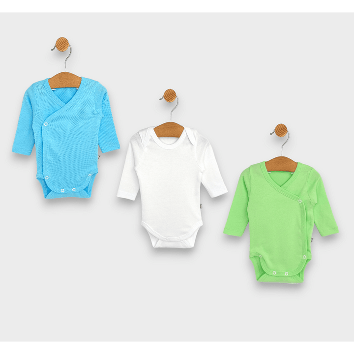 Set de 3 body-uri Rainy cu mânecă lungă, 48 - 80 cm, kiwi/alb/albastru