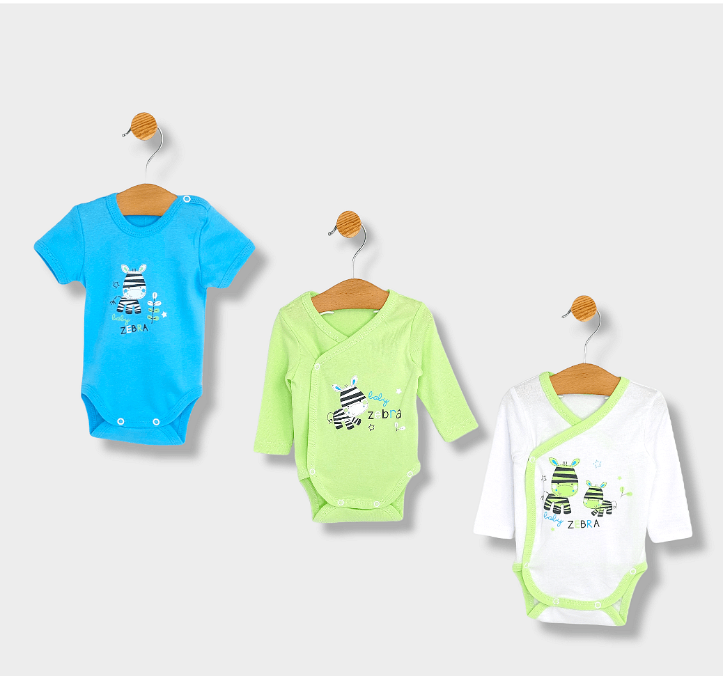 Set de body-uri Rainy, 3 piese, model Baby Zebra, verde, 56-74 cm