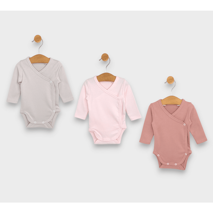 Set de body-uri Rainy din 3 piese, cu mâneci lungi, 48 - 68 cm, roz/roz prăfuit/cacao cald