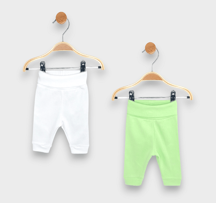 Rainy Set de 2 perechi de pantalonași cu talie pliabilă, 56–74 cm, kiwi/alb