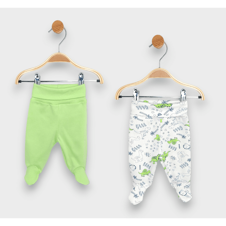 Rainy Set de 2 perechi de pantaloni cu botosei și betelie întoarsă 48 - 68 cm. Dinozauri cu palmieri / kiwi