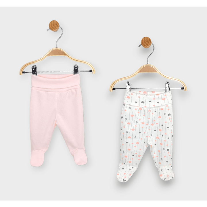 Set de 2 perechi de pantalonași cu botoșei Rainy cu talie pliabilă, 48 - 68 cm. Inimioare roz și gri / roz