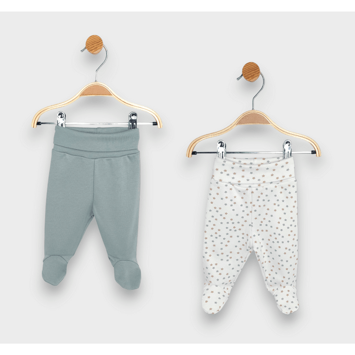 Set Rainy de 2 perechi de pantalonași cu botoșei cu talie pliabilă, 48 - 68 cm. Stele gri și bej / verde lăptos