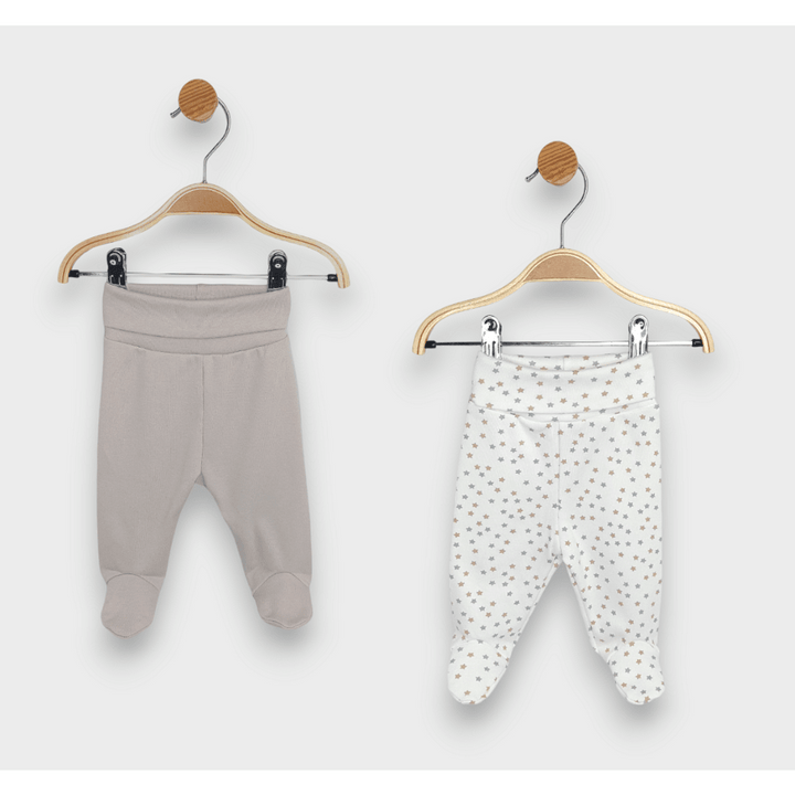 Rainy Set de pantalonași cu botosei 2 bucăți cu betelie întoarsă 48 - 68 cm. Steluțe gri și bej / cacao cald