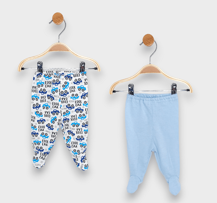 Rainy Set de două perechi de pantalonași cu botoșei pentru bebeluși 56-74 cm, albastru/imprimeu