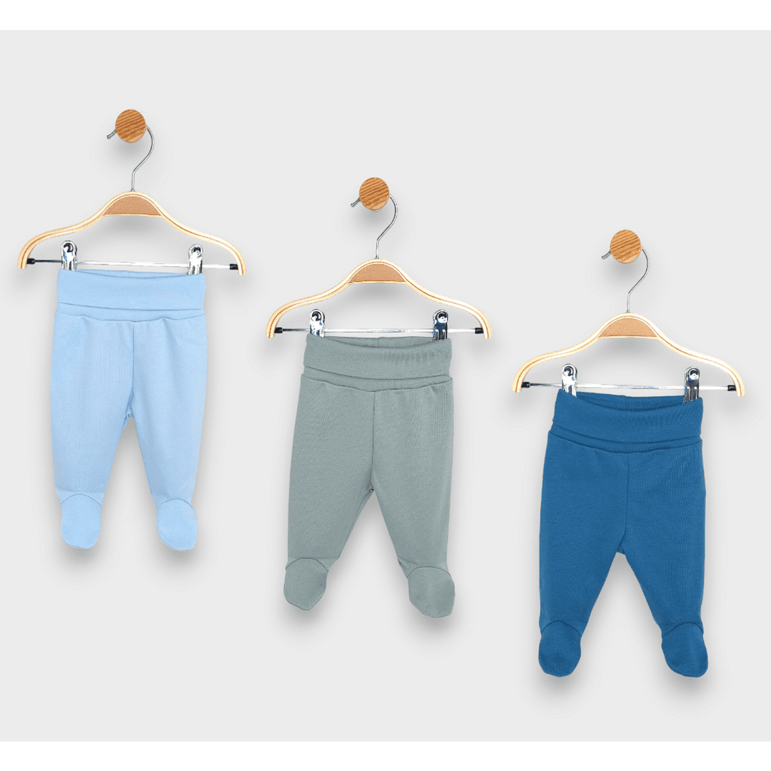 Rainy Set pantaloni cu botosei 3 piese cu betelie întoarsă 48 - 68 cm. albastru/albastru ocean/verde lapte