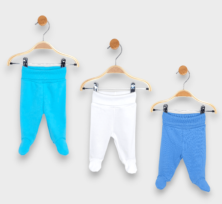 Set de pantalonași cu botoșei scurți Rainy, 3 piese, cu talie pliabilă, 56 - 62 cm, alb/albastru/albastru închis