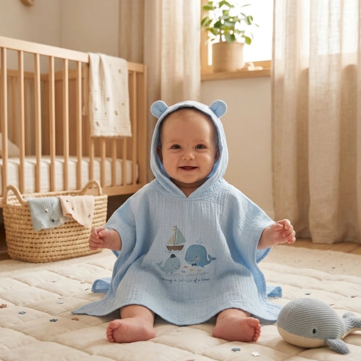 Rainy Poncho de muselină pentru bebeluși cu glugă Whales Blue