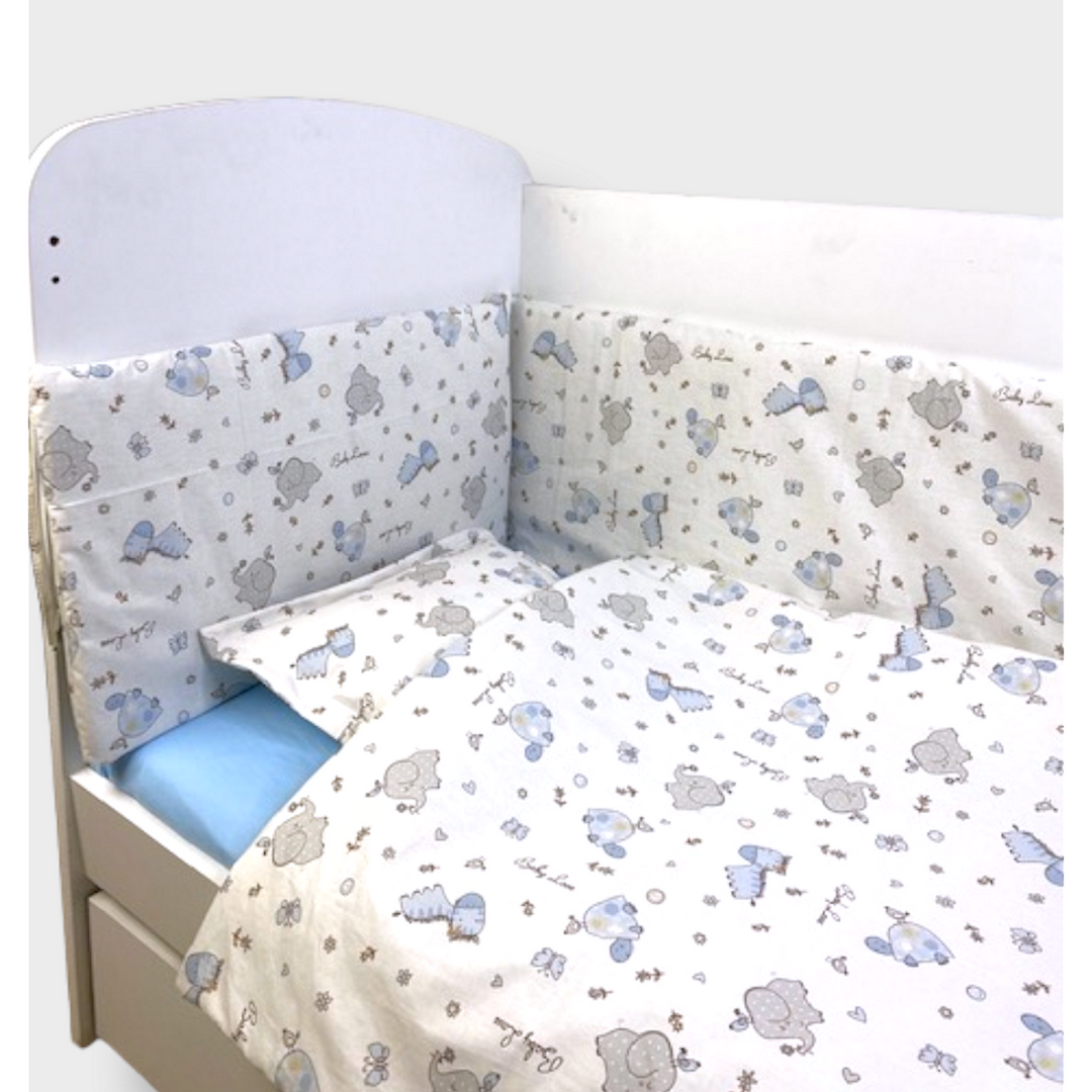 Protecție laterală pentru pătuț Rainy 60x120 cm. Zebrine și elefanți albaștri