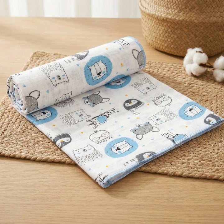 Rainy Scutec textil din muselină pentru bebeluși 80x80 cm. Animăluțe albastre