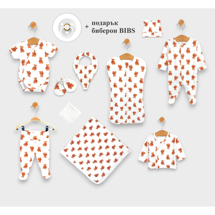 Set complet pentru nou-născuți Rainy Premium 10 piese Bears Vară + suzetă Bibs cadou