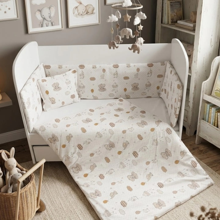 Rainy Set de lenjerie de pat pentru bebeluși 5 piese 60x120 cm. Elefănțel cu balon bej