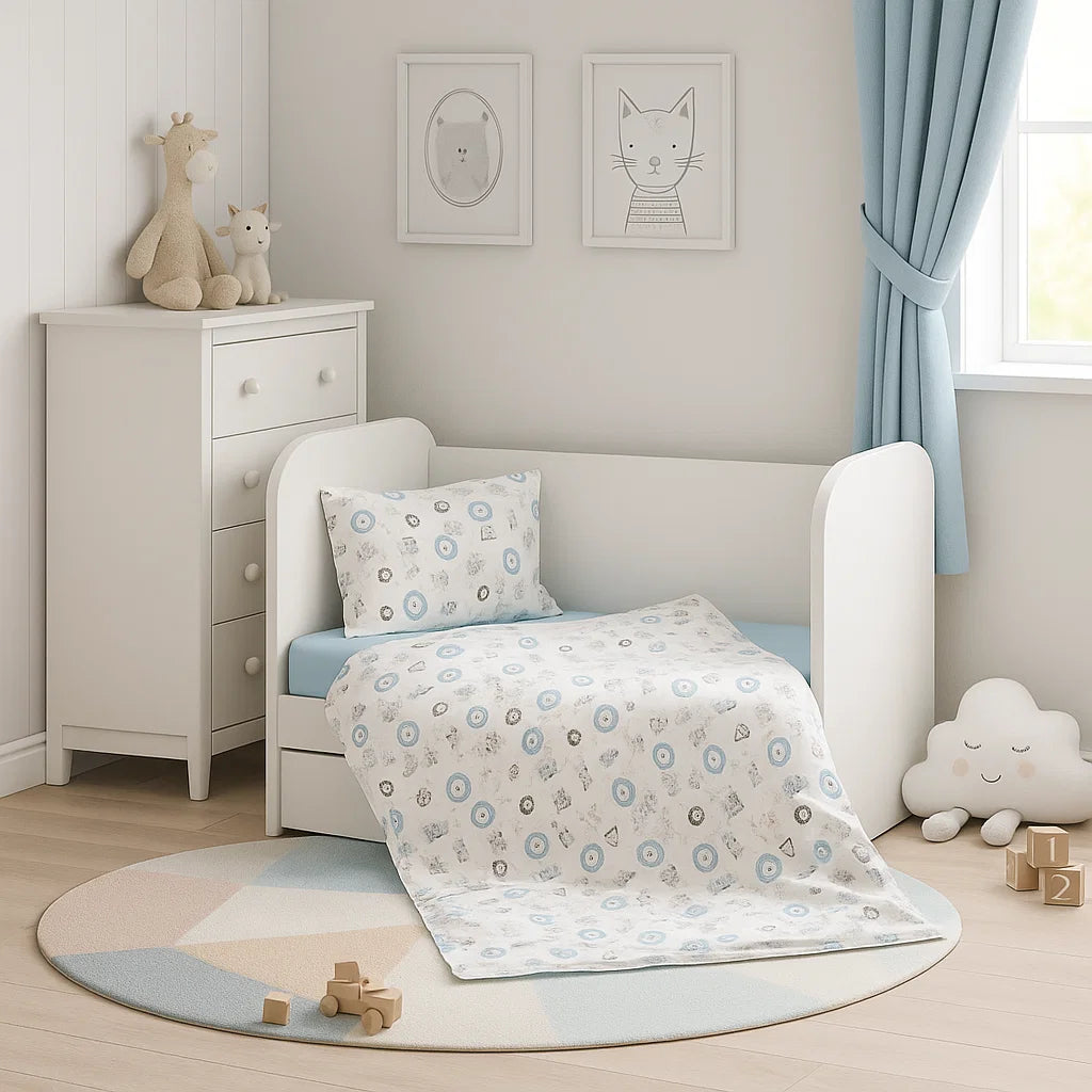 Set de lenjerie pentru pătuț Rainy, 4 piese, 60x120 cm, cu animale, albastru